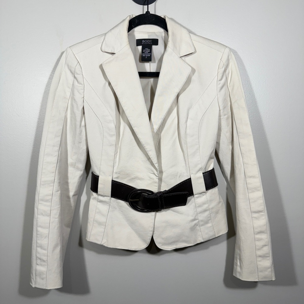 Body by‎ Victoria Women's Beige Belted Blazer Size 2 Cotton Blend y2k officewear